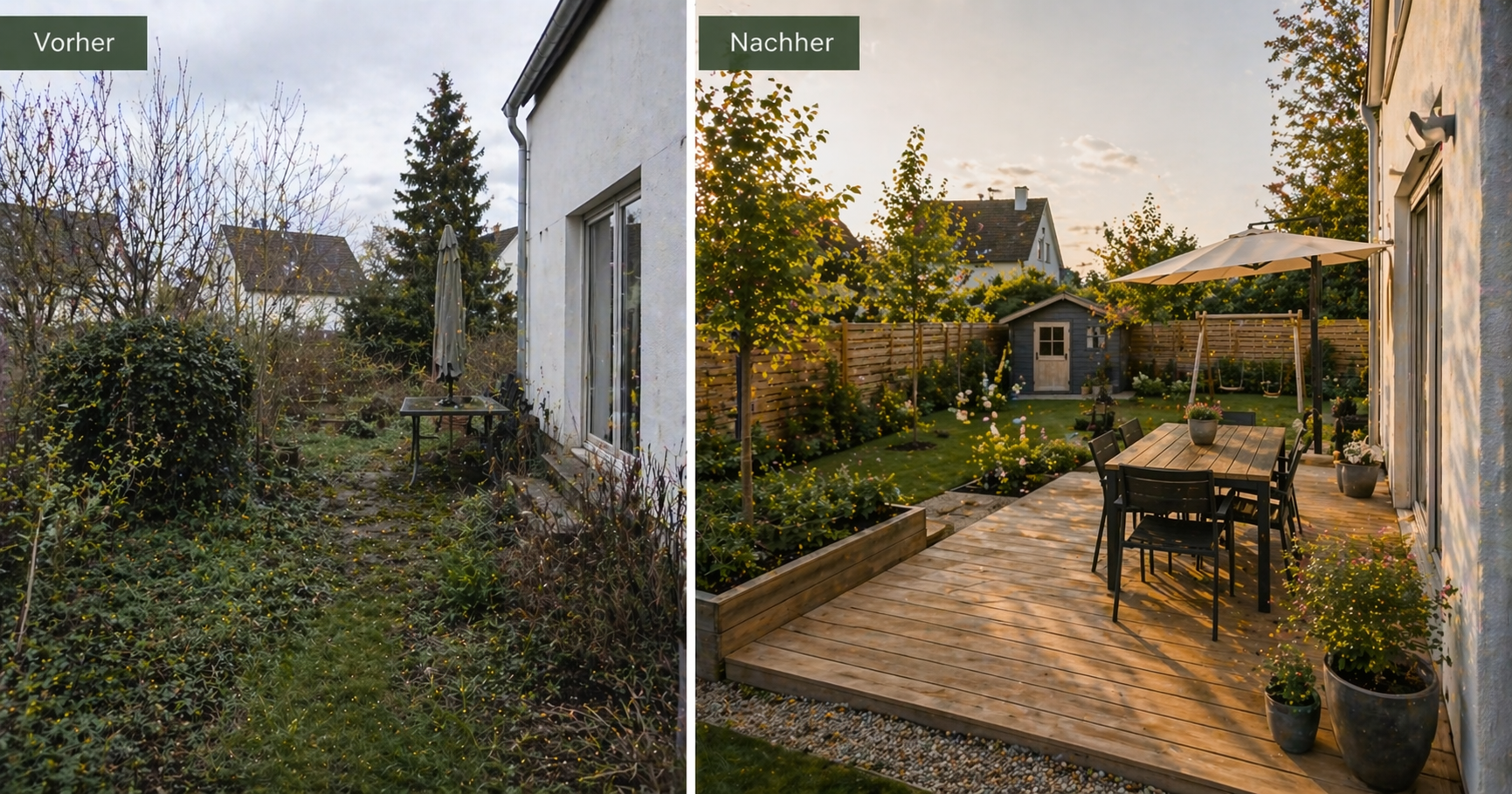 Vorher–Nachher: Verwilderter Garten wird zu strukturierter Holzterrasse mit Gartenhaus und Außenmöbeln