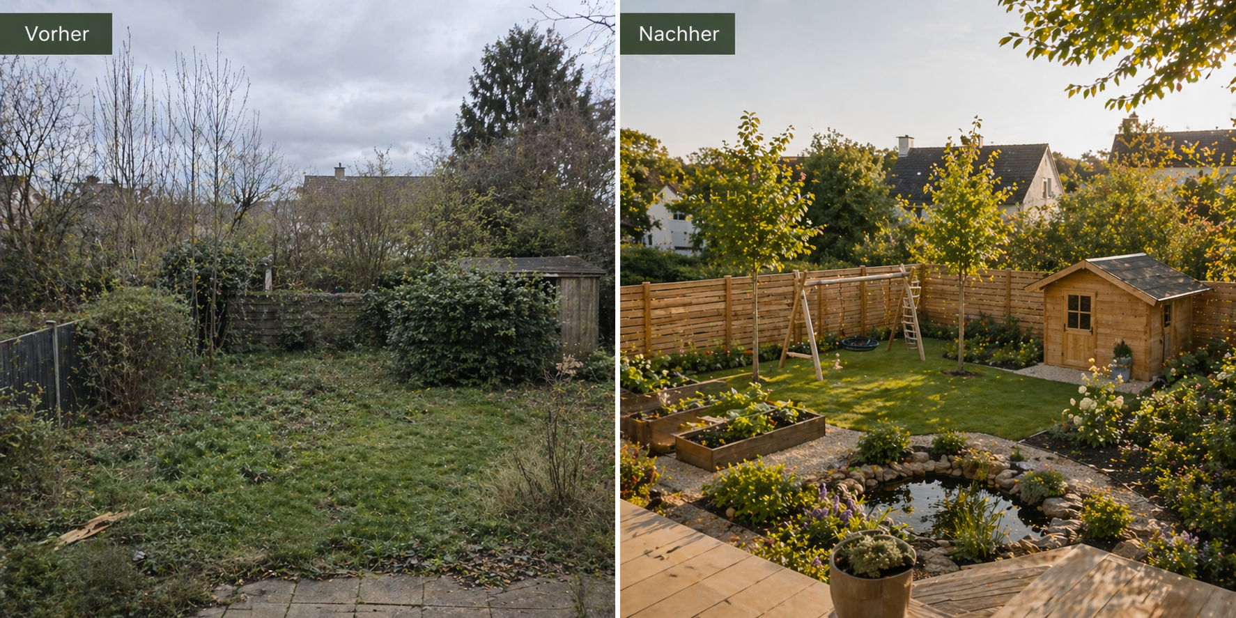 Vorher–Nachher: Ungepflegter Garten wird zu gepflegtem Bereich mit Hochbeeten, Teich und Gartenhaus