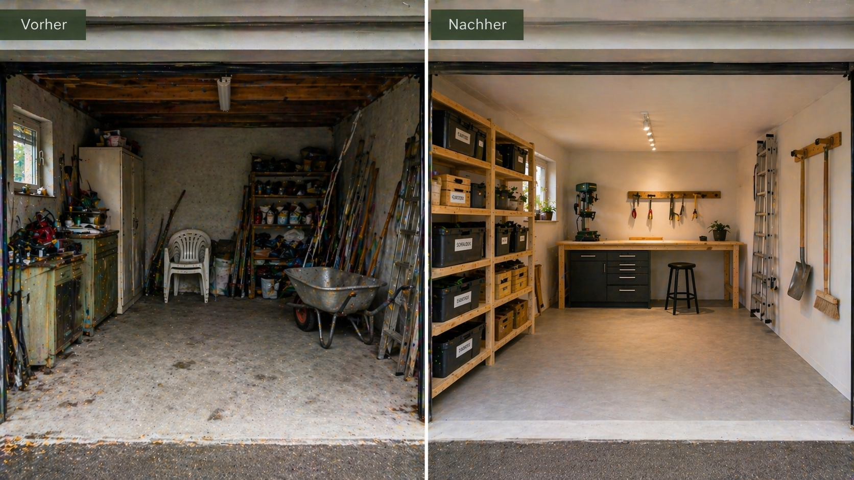 Vorher–Nachher: Chaotische Garage wird zu aufgeräumtem Werkraum mit Holzregalen und Werkzeugsystem